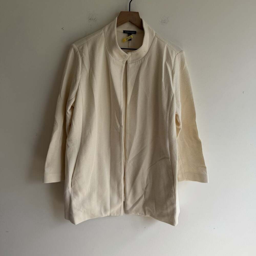 Eileen Fisher Cream Textured Cotton Jacket Lagenlook Stand Up Collar Women’s L/G